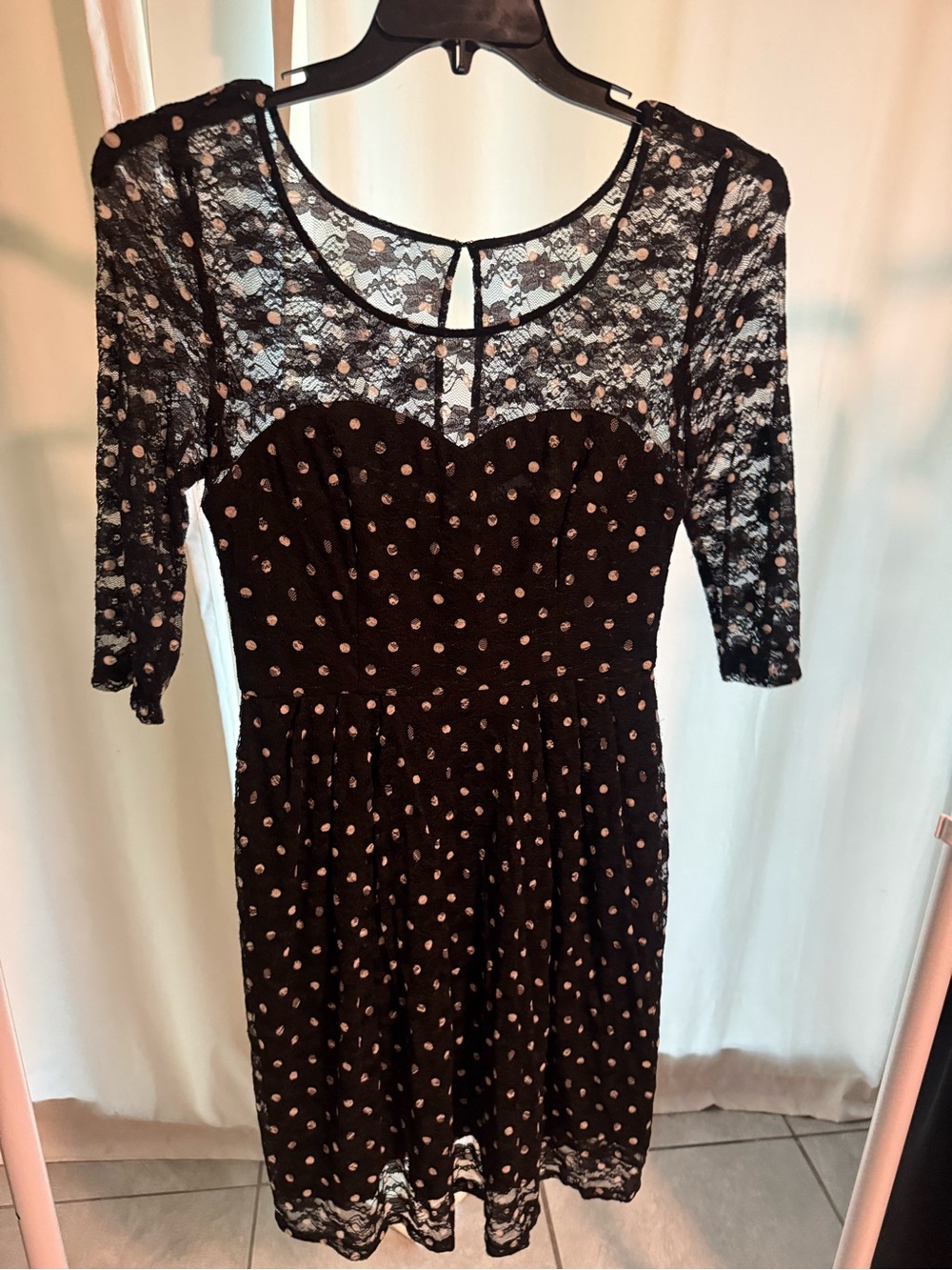 Betsey Johnson Black Lace Polka Dot Midi Dress with Pink Dots